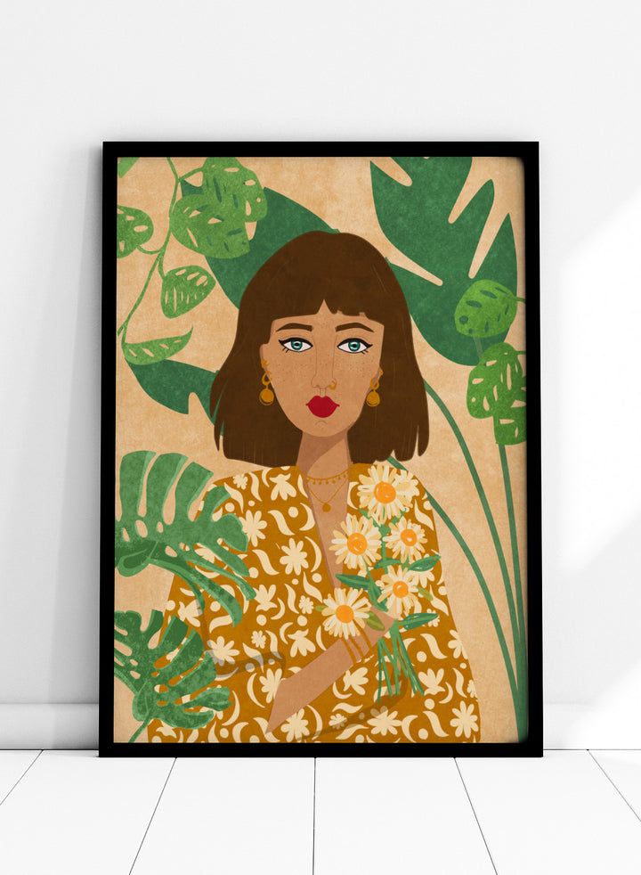 Illustration of a woman holding flowers with green leaves in the background. Plant Lady by Raissa Oltmanns fine art print featuring modern botanical woman portrait with daisies and green leaves, contemporary wall art poster.