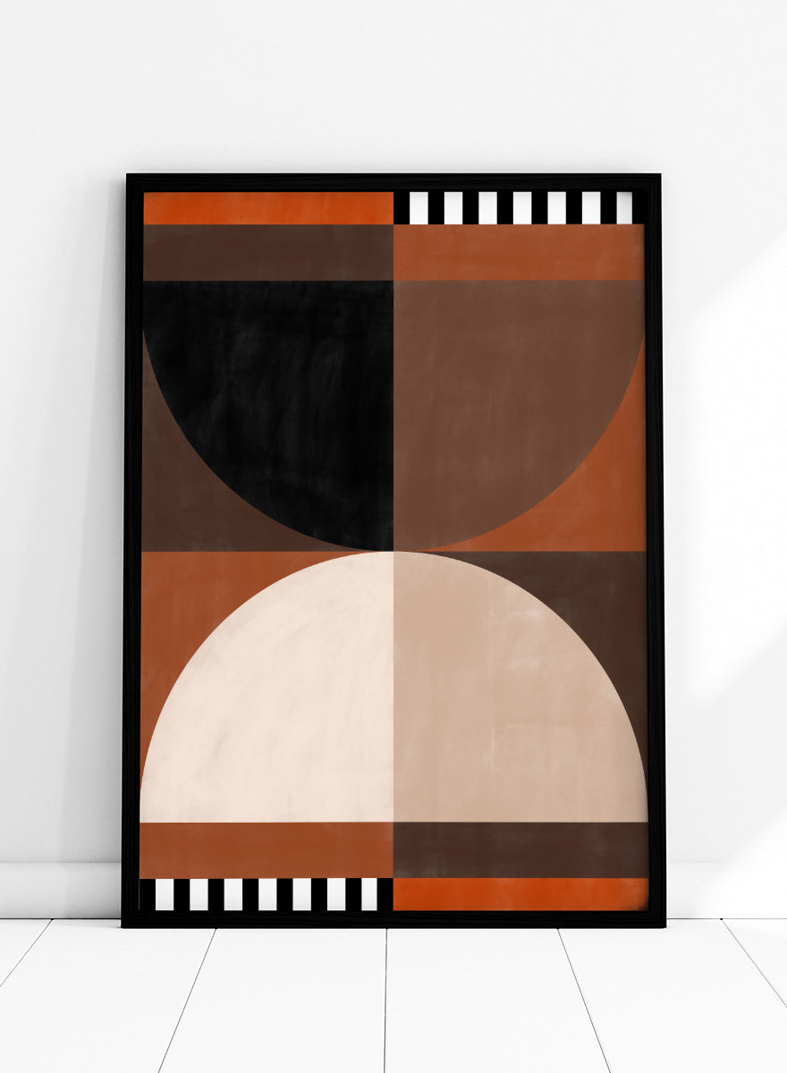 Shop Geometric Earth Tones 02 by Elena Ristova, a modern abstract wall art print poster featuring bold circles, striped accents, and warm rust tones.