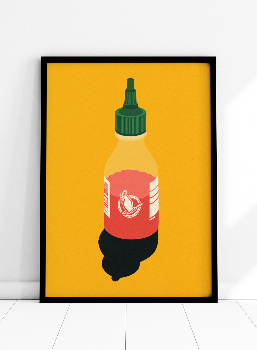 Chilli sauce bottle illustration on a yellow background. Chilli Sauce by Rosi Feist is a bold kitchen art print featuring a hot sauce bottle in modern graphic style. Contemporary food poster wall art.