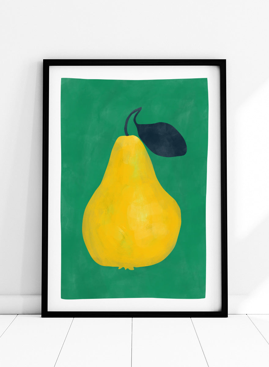 Shop Vibrant Yellow Pear by Elena Ristova, a colorful fruit wall art print poster featuring an oversized yellow pear, dark leaf, and rich green background.