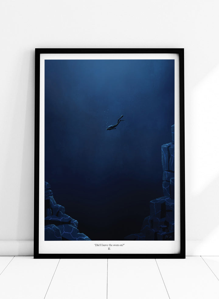 A framed art print featuring a dark blue underwater scene with a diver floating in the center, flanked by glowing blue rock formations. Shop Deep Blue Diver by Jake Waldron, a minimalist diving wall art print featuring a lone deep-sea diver, underwater cliffs, and dramatic navy blue tones.