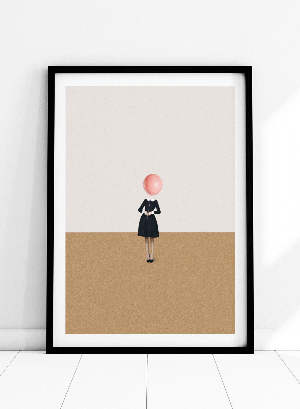 Obvious Imperfections by Maarten Léon is a minimalist collage art print featuring a woman with a balloon head in a clean, surreal composition.