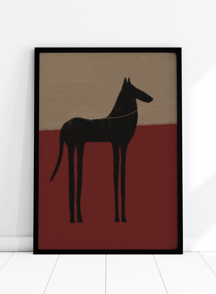 A stylized painting of a black dog silhouette standing in profile against a two-tone background with a beige upper half and a deep red lower half. Abstract Black Horse by The Art Concept animal art print featuring a tall black horse against deep red and muted taupe tones.