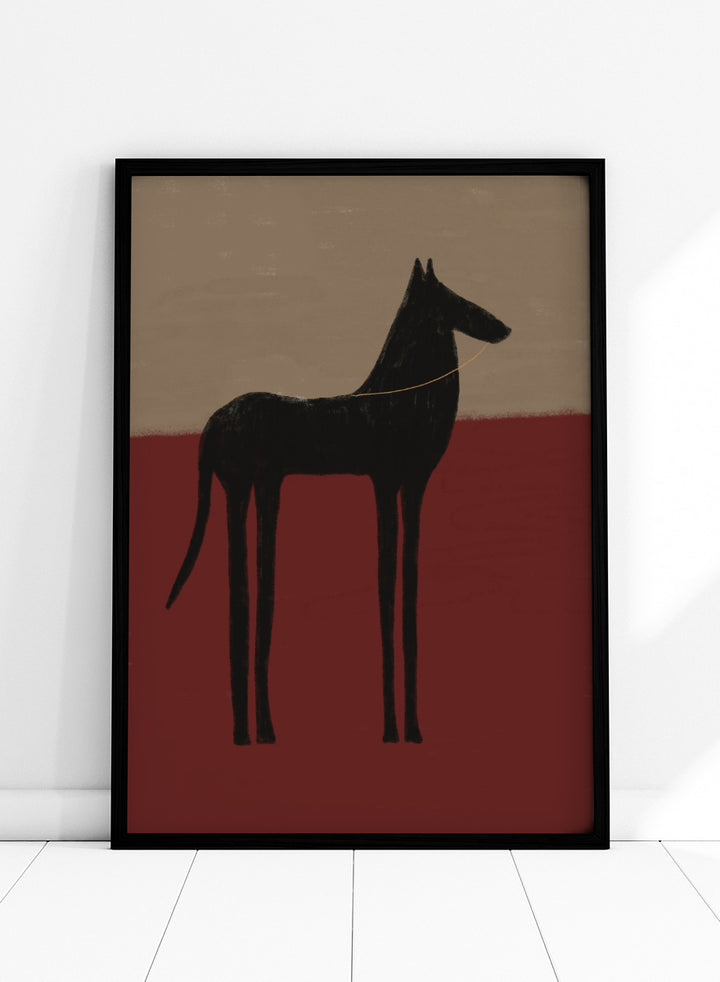 A stylized painting of a black dog silhouette standing in profile against a two-tone background with a beige upper half and a deep red lower half. Abstract Black Horse by The Art Concept animal art print featuring a tall black horse against deep red and muted taupe tones.