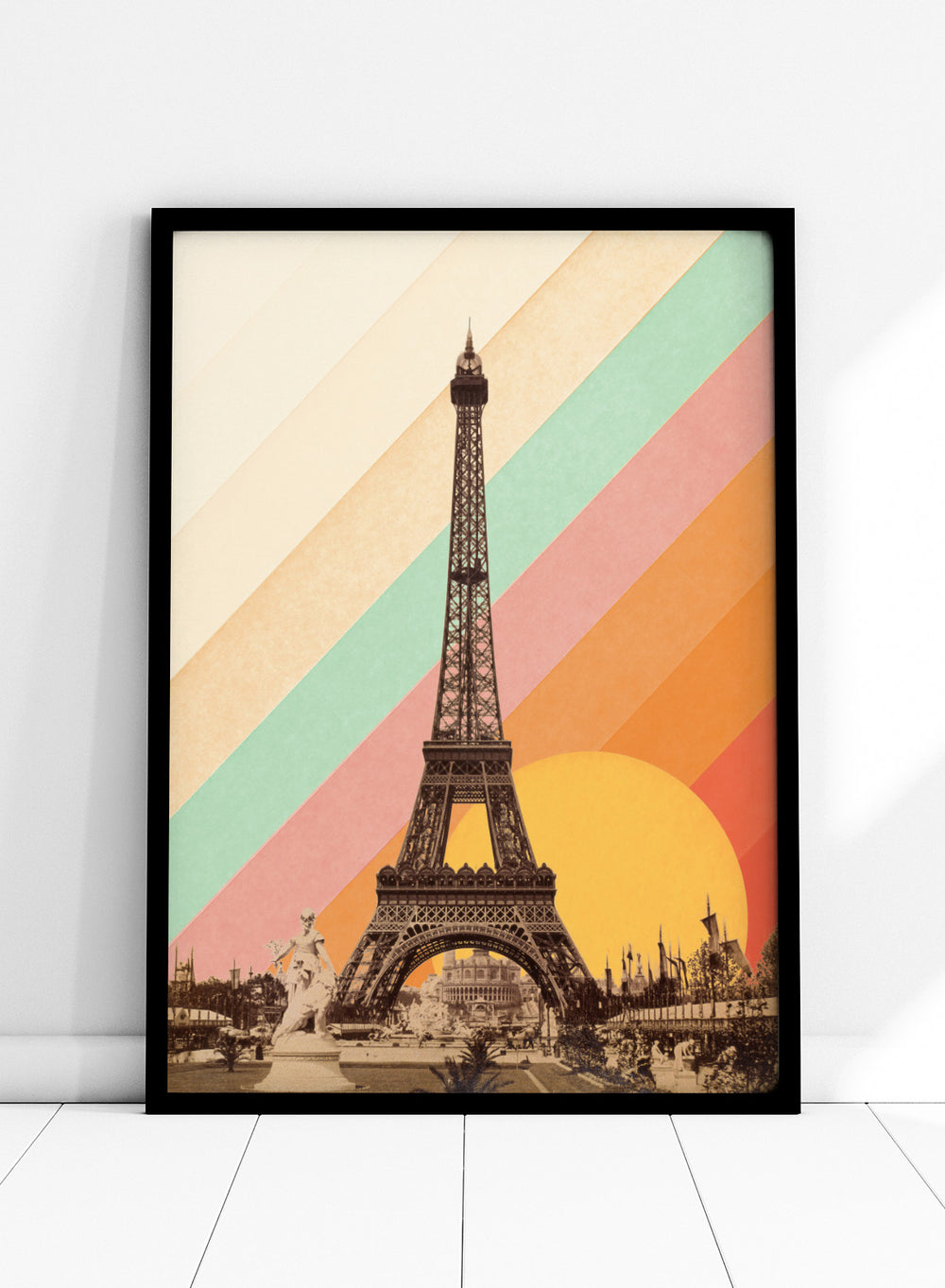 Eiffel Tower with a colorful geometric background. Eiffel Tower Retro Sunset by Florent Bodart is a Paris art print with vintage photo and colorful sunset stripes, a modern retro wall poster with bold graphic design.