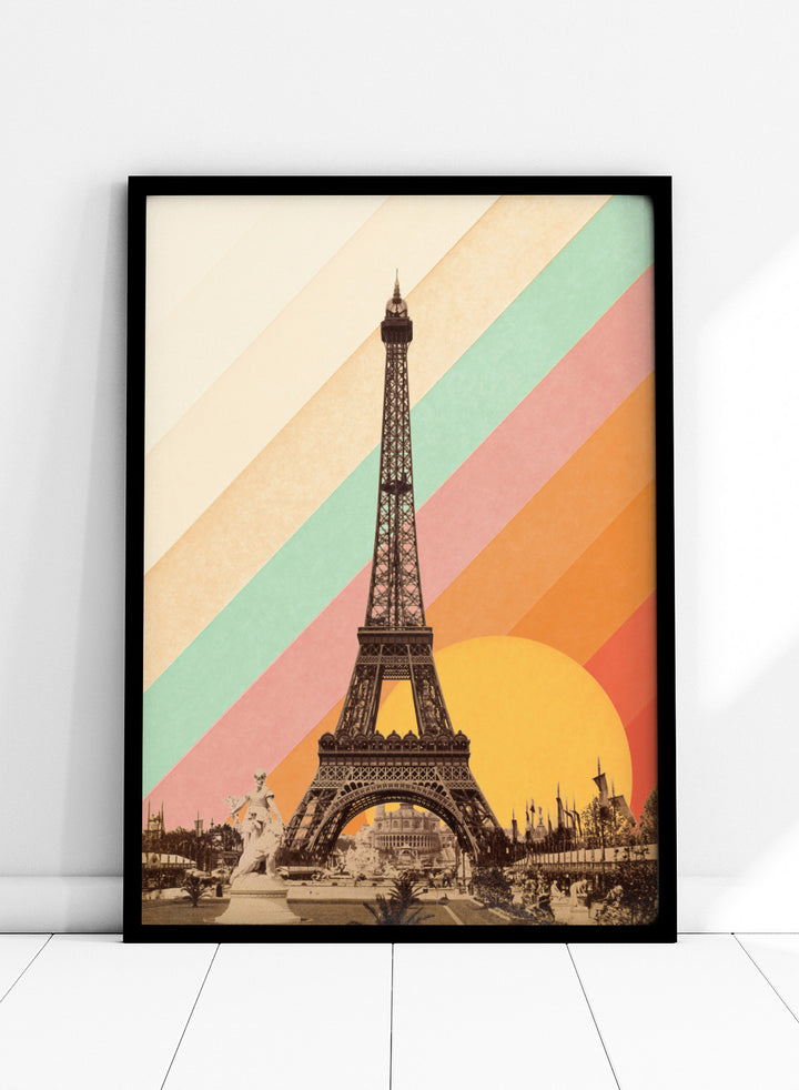 Eiffel Tower with a colorful geometric background. Eiffel Tower Retro Sunset by Florent Bodart is a Paris art print with vintage photo and colorful sunset stripes, a modern retro wall poster with bold graphic design.