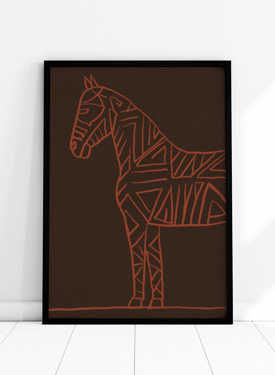 A minimalist art print featuring a stylized horse silhouette outlined in terracotta red on a dark brown background. Horse Line Art by The Art Concept animal art print featuring a stylized horse, geometric linework, warm rust tones, and a deep brown background.