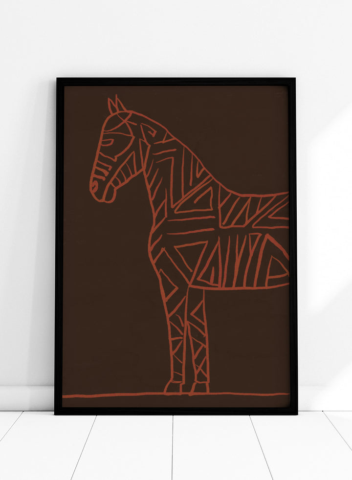 A minimalist art print featuring a stylized horse silhouette outlined in terracotta red on a dark brown background. Horse Line Art by The Art Concept animal art print featuring a stylized horse, geometric linework, warm rust tones, and a deep brown background.