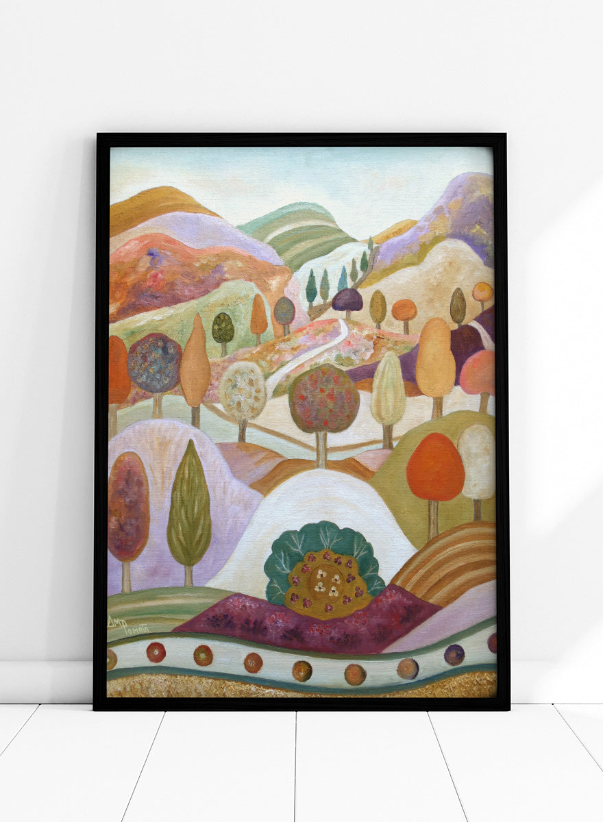 A colorful landscape painting featuring stylized hills, rolling hills, and trees in pastel and earthy tones. Shop Whimsical Autumn Landscape by Angeles M. Pomata, a colorful fall landscape art print featuring rolling hills, winding paths, and stylized autumn trees.