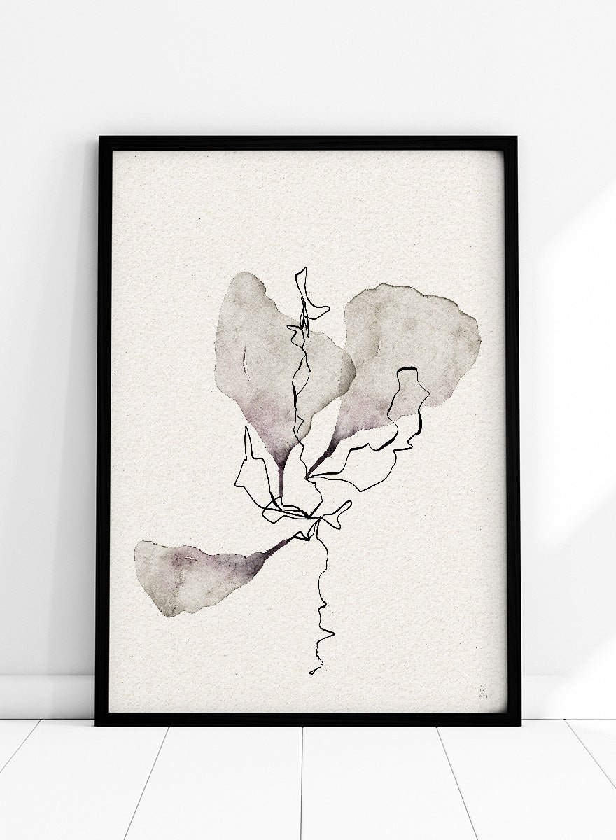 Shop Delicate Botanical Study by Ankie Kooi, a modern botanical wall art print poster with minimalist flower line art, abstract florals, soft taupe, and dusty lavender.
