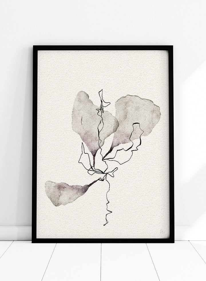 Shop Delicate Botanical Study by Ankie Kooi, a modern botanical wall art print poster with minimalist flower line art, abstract florals, soft taupe, and dusty lavender.
