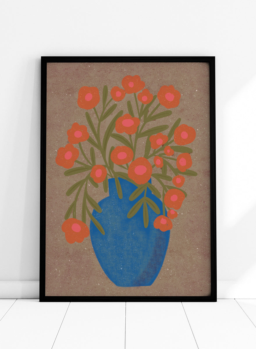A stylized floral artwork showing orange flowers with pink centers and green stems arranged in a blue vase against a textured tan background. Shop Rustic Orange Floral Vase by Nikita Jariwala, a modern floral wall art print poster featuring a blue vase, orange flowers, and bold botanical style.