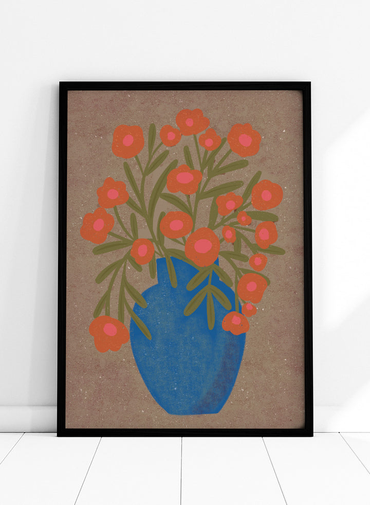 A stylized floral artwork showing orange flowers with pink centers and green stems arranged in a blue vase against a textured tan background. Shop Rustic Orange Floral Vase by Nikita Jariwala, a modern floral wall art print poster featuring a blue vase, orange flowers, and bold botanical style.