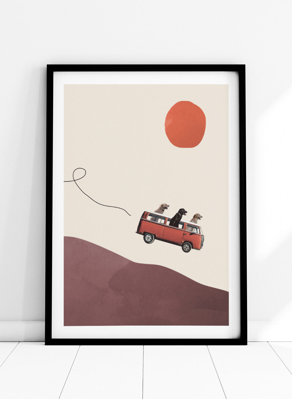 Adventure Gang by Maarten Léon is a minimalist collage art print featuring dogs on a road trip. Premium fine art print with real wood framing.