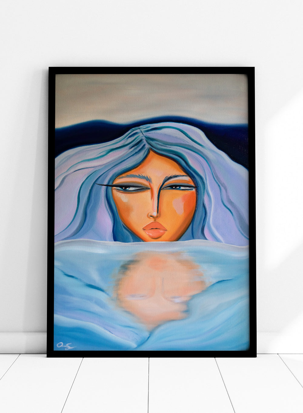 Artistic depiction of a woman with blue hair and a serene expression, surrounded by water. Ethereal Woman's Reflection by Amy Straley is a contemporary figurative art print featuring a feminine portrait, water reflection, and soft blue tones.