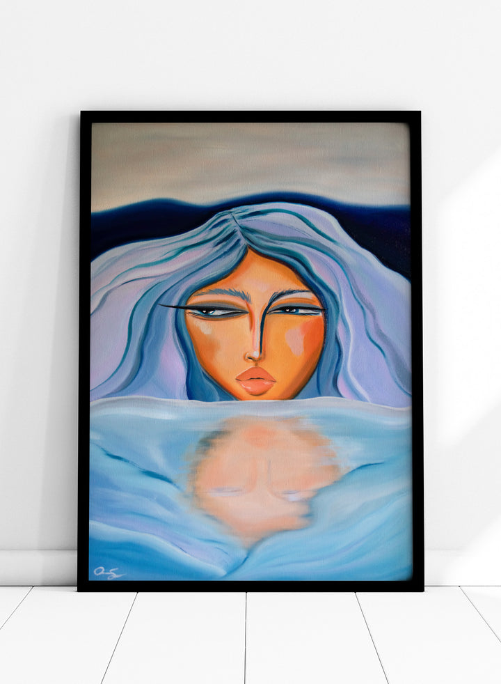 Artistic depiction of a woman with blue hair and a serene expression, surrounded by water. Ethereal Woman's Reflection by Amy Straley is a contemporary figurative art print featuring a feminine portrait, water reflection, and soft blue tones.