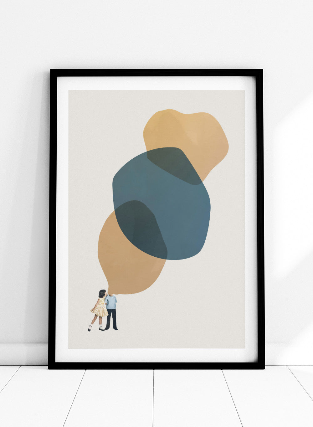 A Thousand Stories to Tell You by Maarten Léon collage art print showing two children with abstract shapes above them. Premium fine art print with real wood framing.