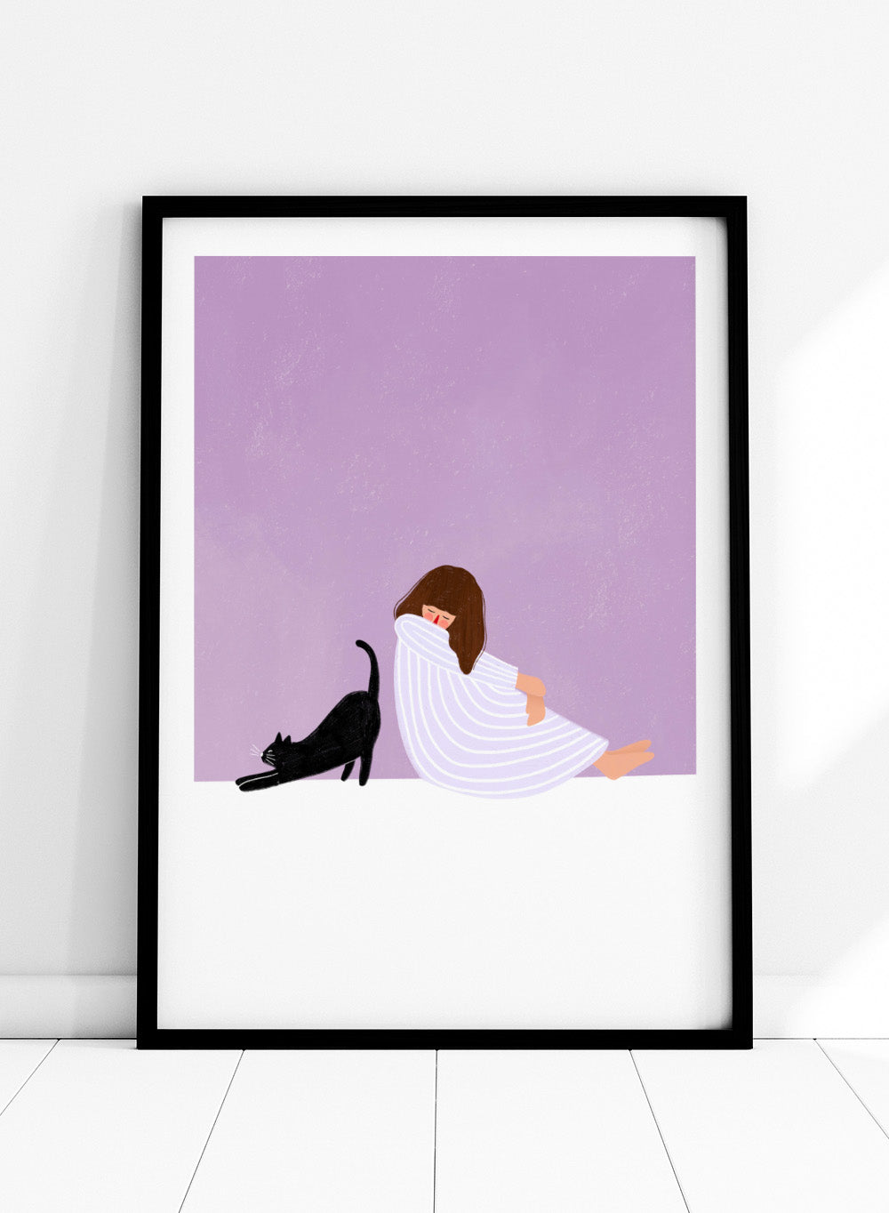 Girl and Cat by Bea Müller is an officially licensed art print featuring a quiet moment between a girl and her cat. Soft colors, modern illustration, available framed or unframed.
