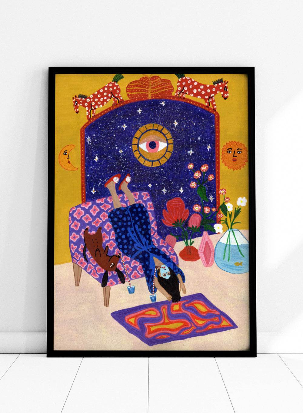 Colorful artwork of a person sitting on a chair with animals and decorative elements. Day Off From Office by Jota de Jai is a whimsical modern art print of a woman upside down with her dog, mid skincare routine, officially licensed wall poster with framing.