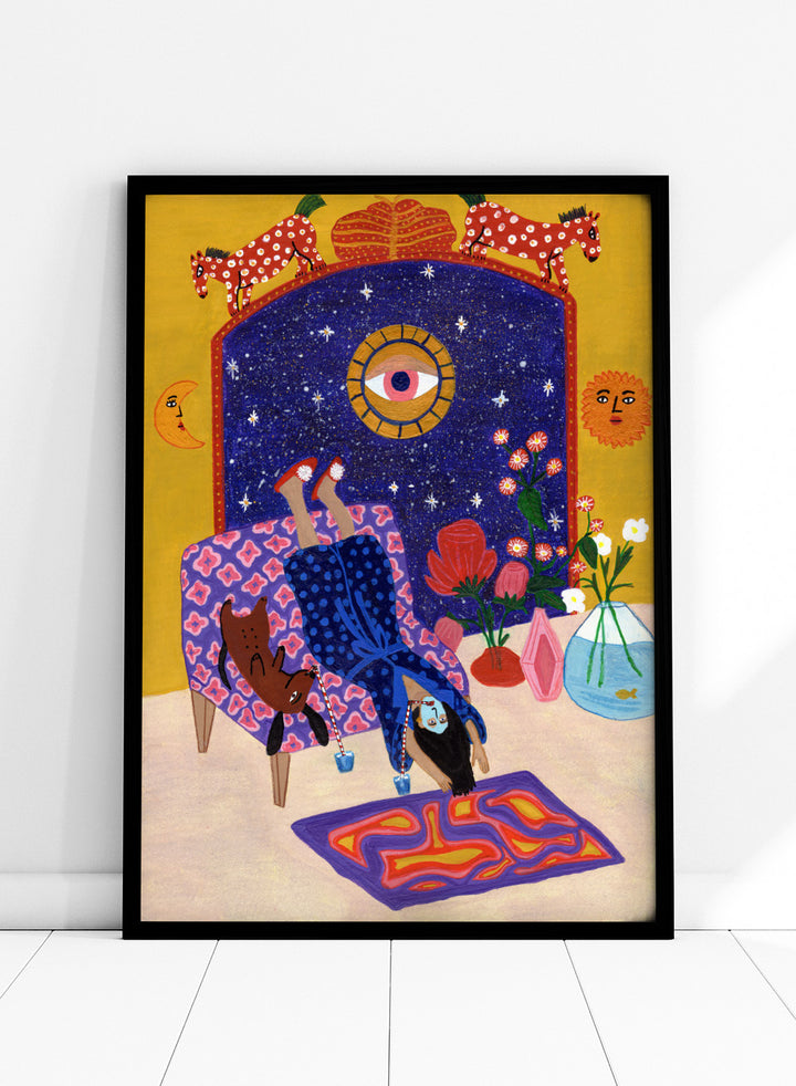 Colorful artwork of a person sitting on a chair with animals and decorative elements. Day Off From Office by Jota de Jai is a whimsical modern art print of a woman upside down with her dog, mid skincare routine, officially licensed wall poster with framing.