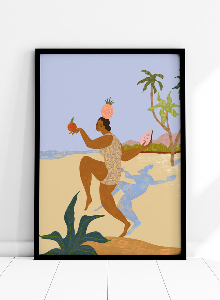 Illustration of a person holding fruits with a stylized landscape in the background. Balancing Act by Arty Guava is a colorful figurative art print featuring tropical motifs, playful symbolism, vibrant colors, and whimsical contemporary storytelling.