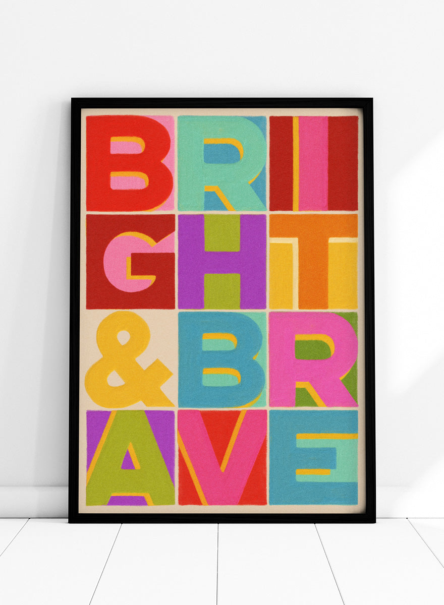 Shop Bright and Brave Letters by Dominique Vari, a colorful typography wall art print poster featuring bold retro lettering in pink, red, blue, green, and yellow.