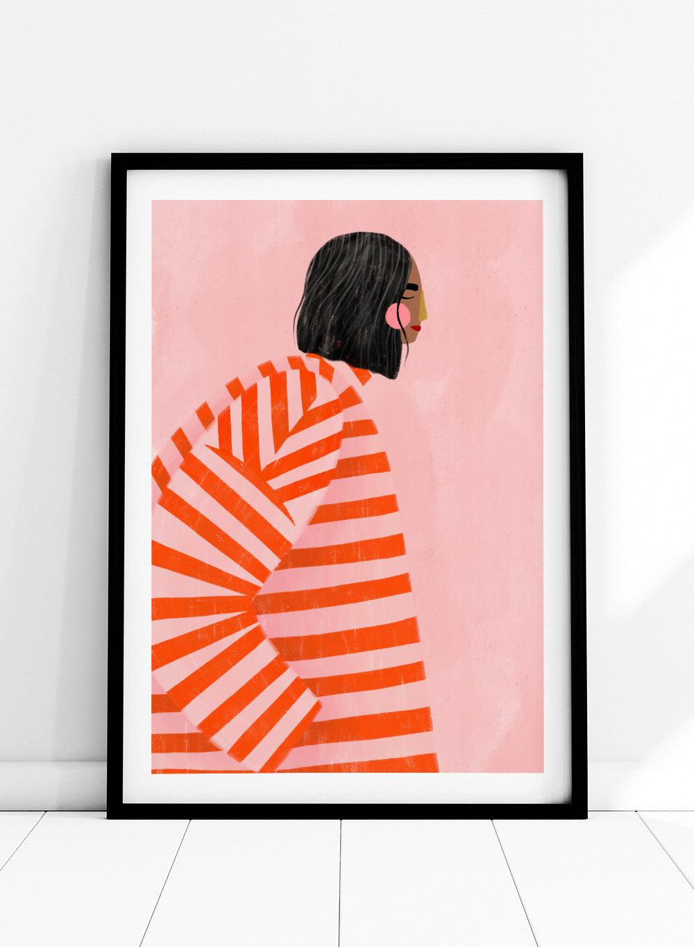 The Woman With the Orange Stripes by Bea Müller is an officially licensed art print featuring bold orange stripes and a modern illustrated woman. Available framed or unframed.
