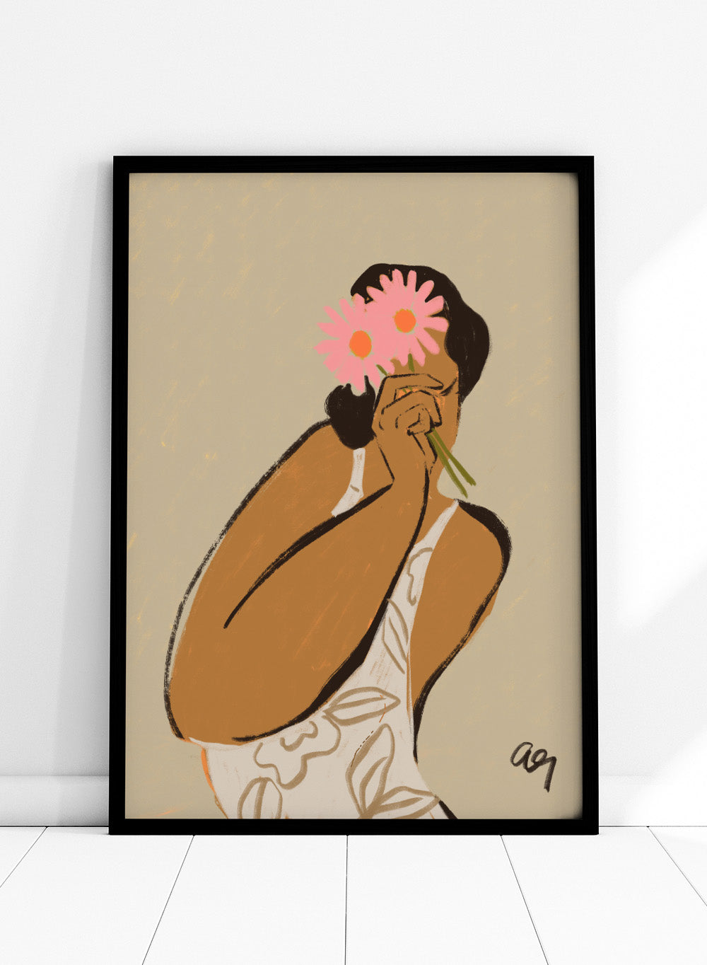 Illustration of a person holding a pink flower to their face against a beige background. Mask by Arty Guava art print, modern woman illustration holding flowers, contemporary figurative wall poster in soft neutral tones.
