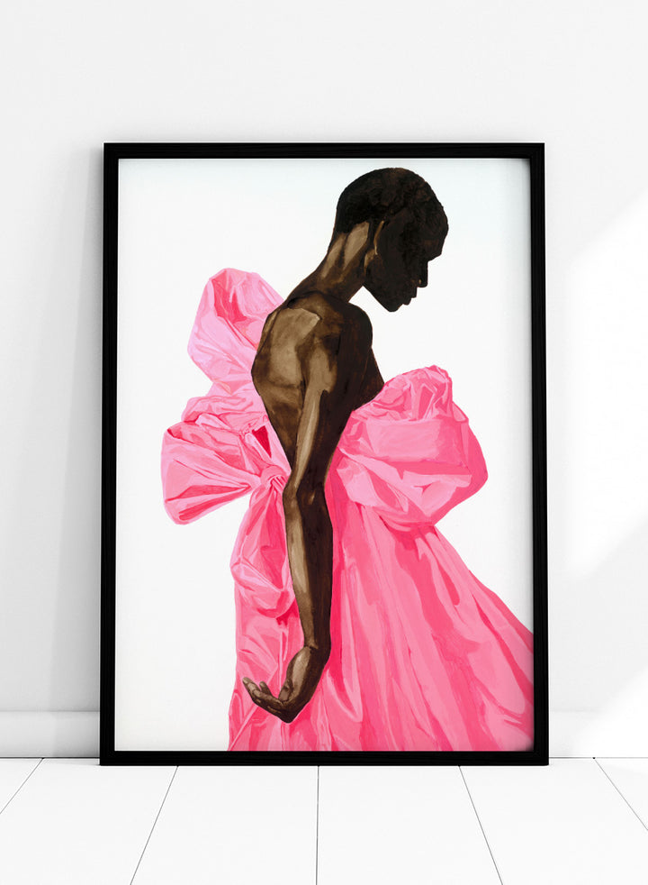 Shop Vibrant Pink Bow Dress by Sophia Novosel, a modern fashion wall art print poster featuring a woman in a dramatic pink dress with oversized bows.
