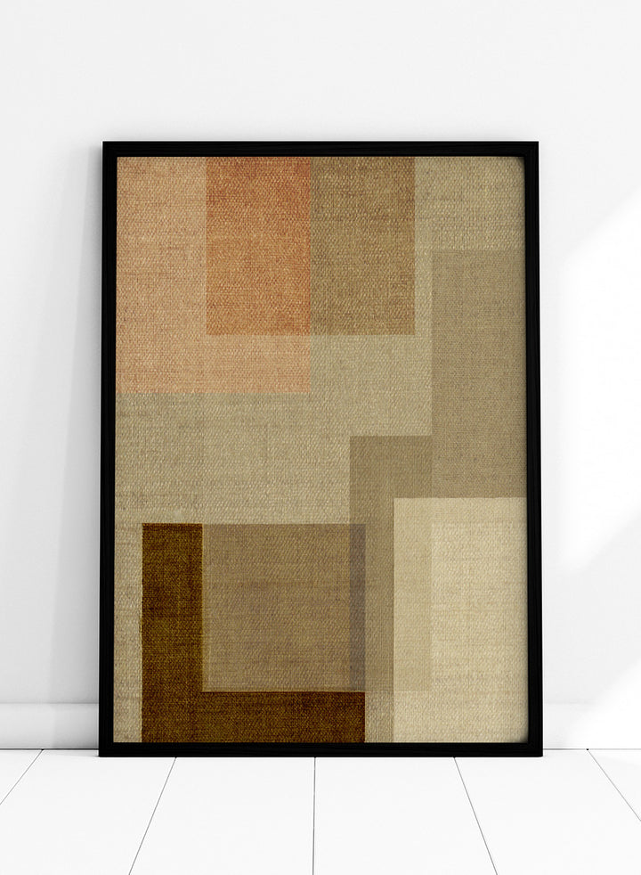 An abstract geometric area rug with a textured linen-like weave, featuring overlapping rectangles in shades of beige, brown, tan, and a muted peach-pink. Shop Muted Geometric Layers by Dan Hobday, a neutral abstract art print featuring layered geometric forms, soft earthy tones, and subtle woven texture.