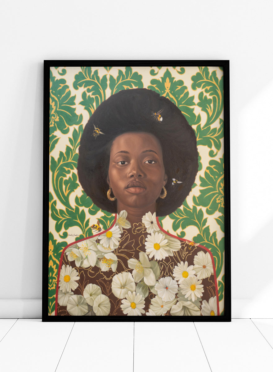 A stylized portrait artwork of a Black woman with an afro hairstyle, wearing gold hoop earrings and a brown top covered in white daisy flowers, set against a green and cream damask patterned background with small bees visible. Shop Afro Floral Portrait by Damilare Jamiu, a contemporary portrait wall art print featuring a woman with afro hair, floral details, bees, and rich green tones.
