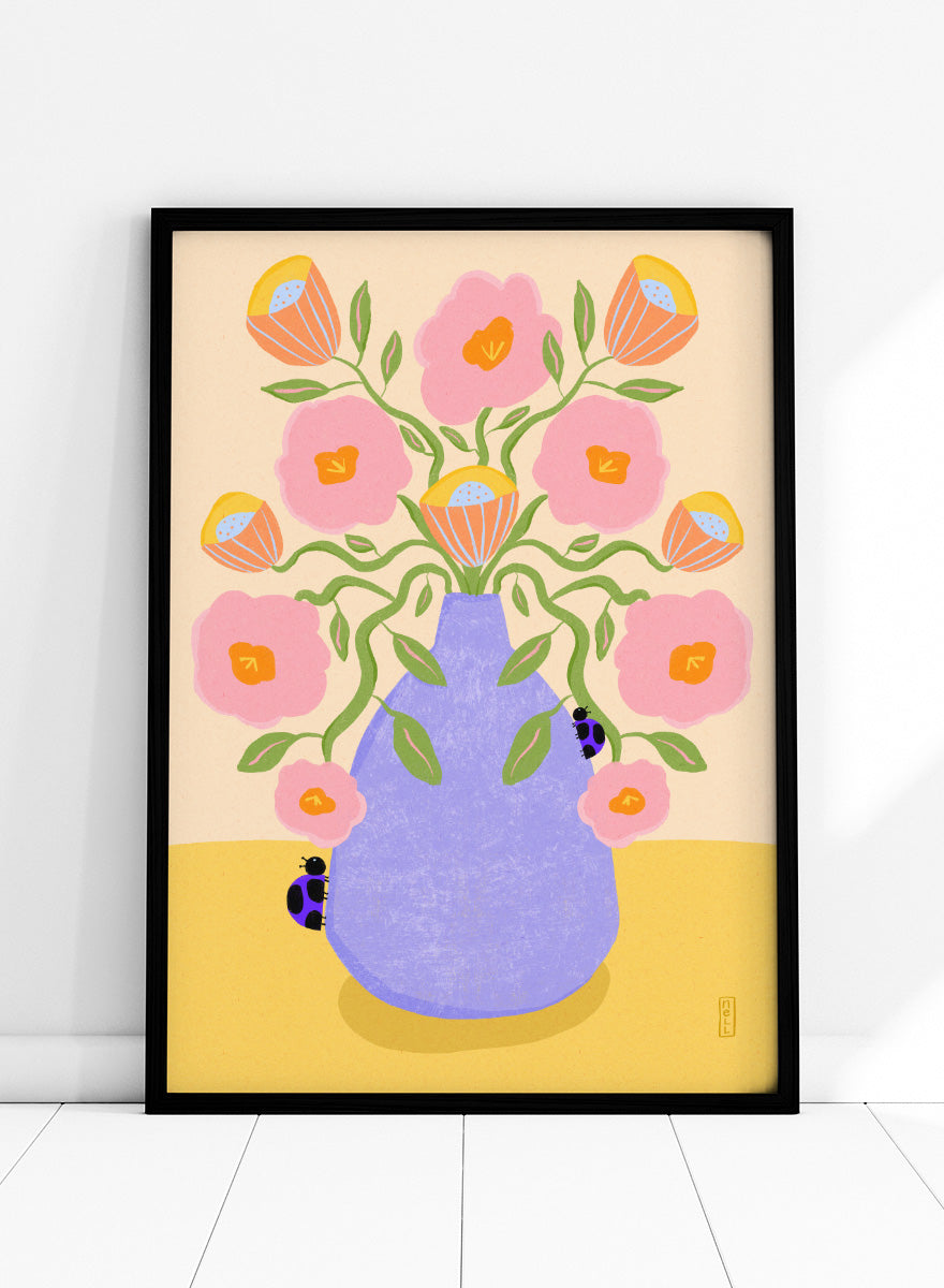 A stylized floral art print showing pink flowers with orange centers and green stems arranged in a light purple vase on a pale yellow surface. Shop Pink Flowers Ladybugs by Dirkie Nell, a colorful floral art print featuring pink flowers, a lavender vase, green stems, and playful ladybugs.