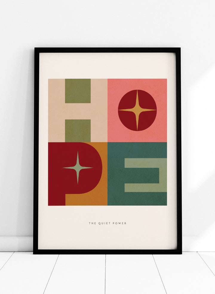Shop Hope Retro Typography by Dominique Vari, a retro typography wall art print poster featuring bold geometric letters, star shapes, and warm vintage-inspired color.