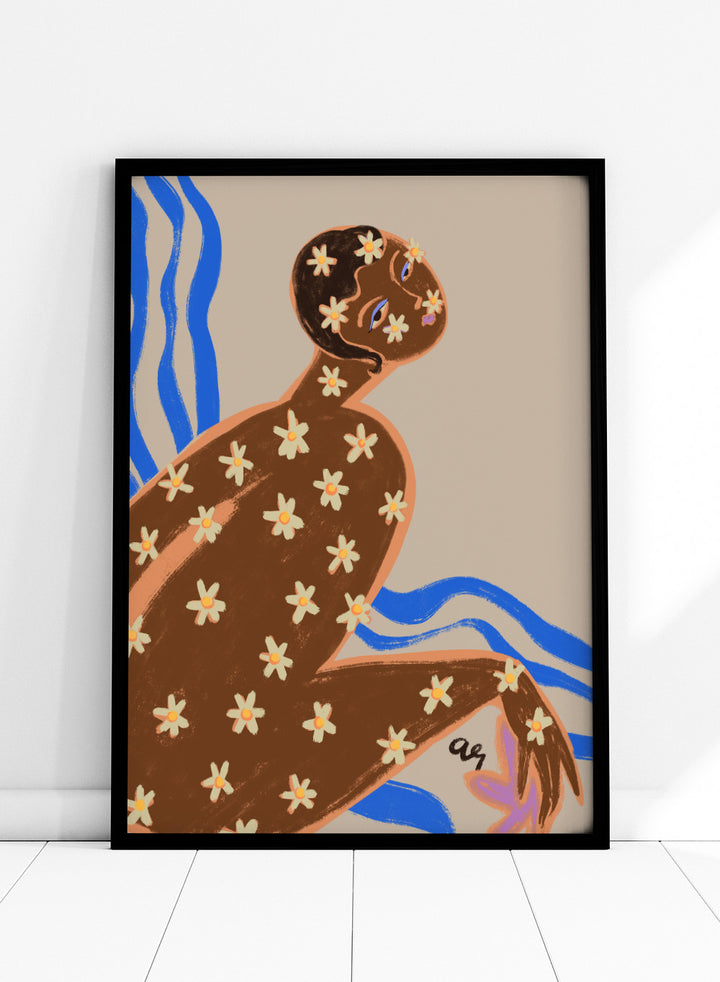 Artistic illustration of a person with floral patterns on a beige background. Blooming Daisy by Arty Guava is a modern woman floral art print with daisies and bold blue lines. Officially licensed contemporary wall poster.