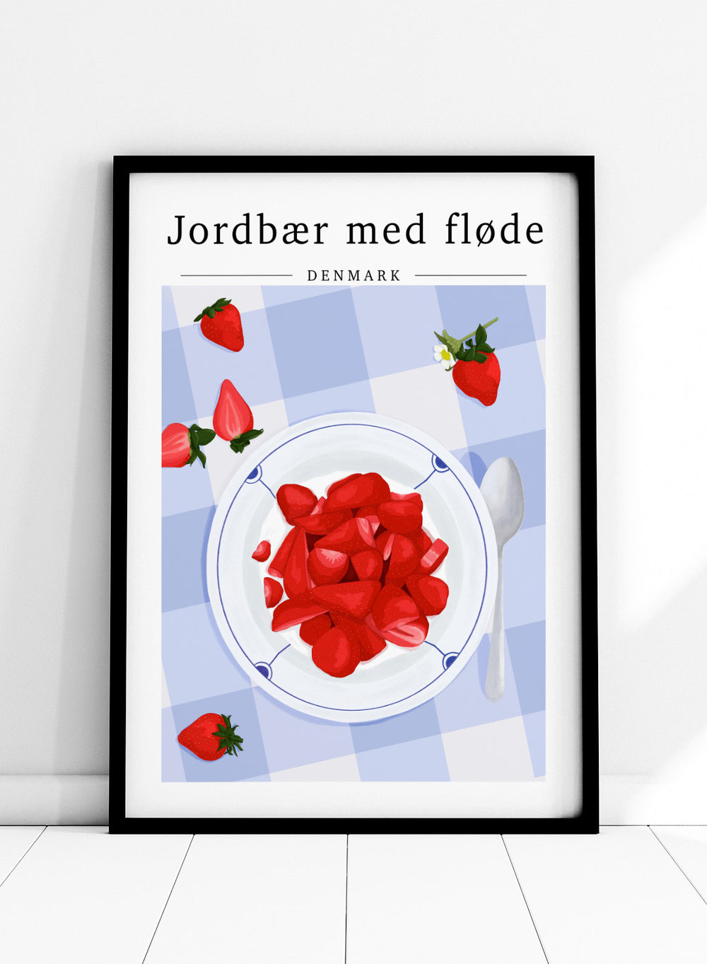 Illustration of strawberries with cream on a plate with a checkered tablecloth, featuring Danish text. Strawberries with Cream by ByKammille is a modern food art print featuring red strawberries in a bowl, clean graphic style with a fresh aesthetic poster design.