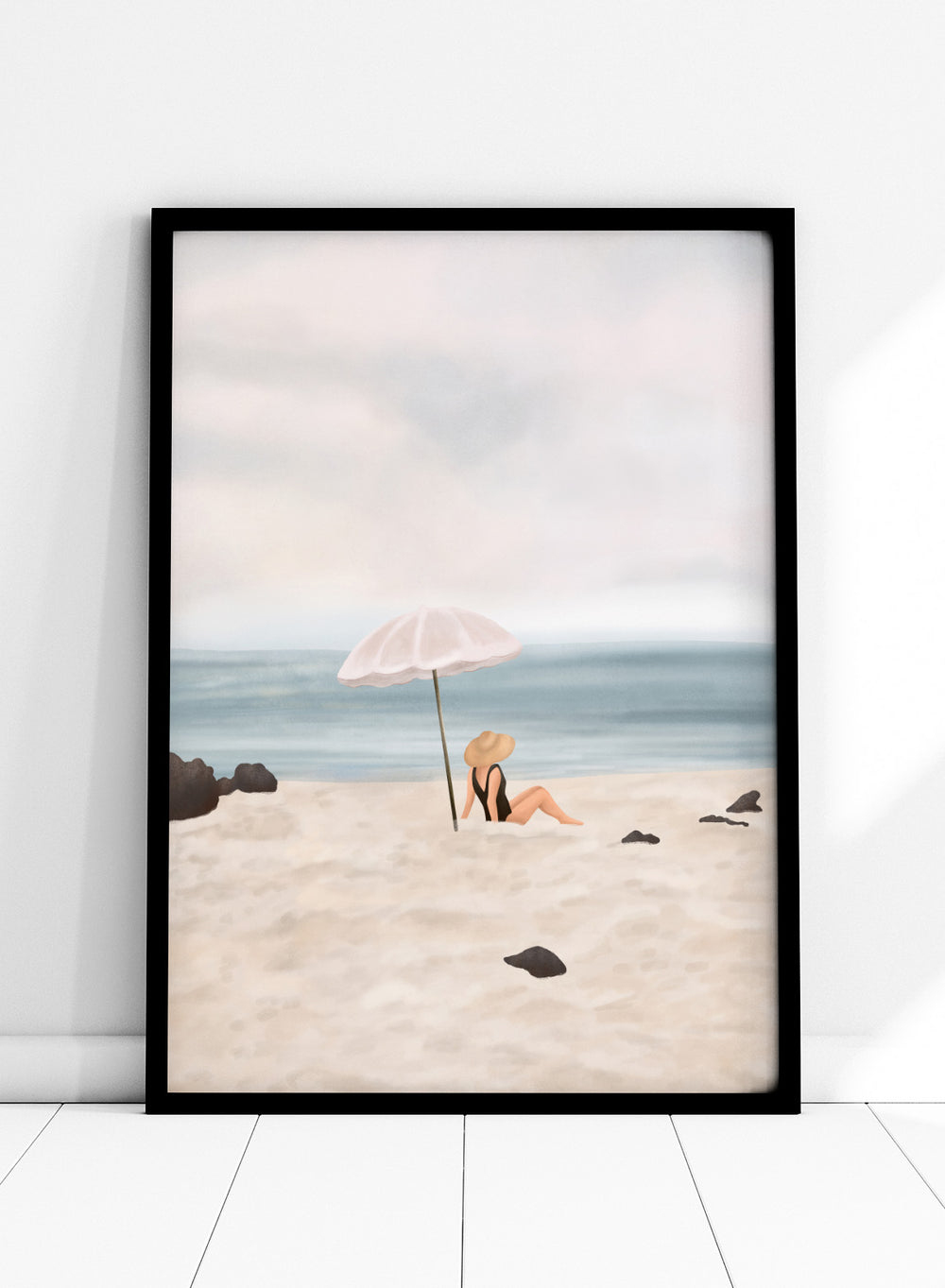 Woman under an umbrella on a beach with a calm ocean and sky. Serene Beach Scene by Flow Line is a coastal art print featuring a woman by the ocean, beach umbrella, seaside illustration, and summer wall art.