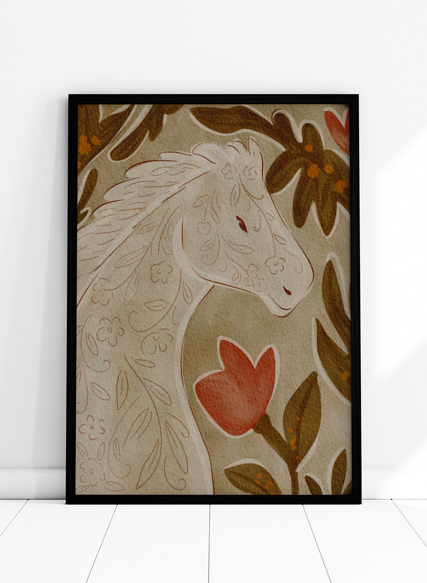 A close-up of a decorative textile or rug pattern featuring a stylized horse head in cream with floral line details, surrounded by brown leaves and a red flower on a beige background. Shop Elegant Floral Horse by Nikita Jariwala, a decorative horse wall art print featuring botanical details, folk-inspired pattern, and warm earthy neutral tones.