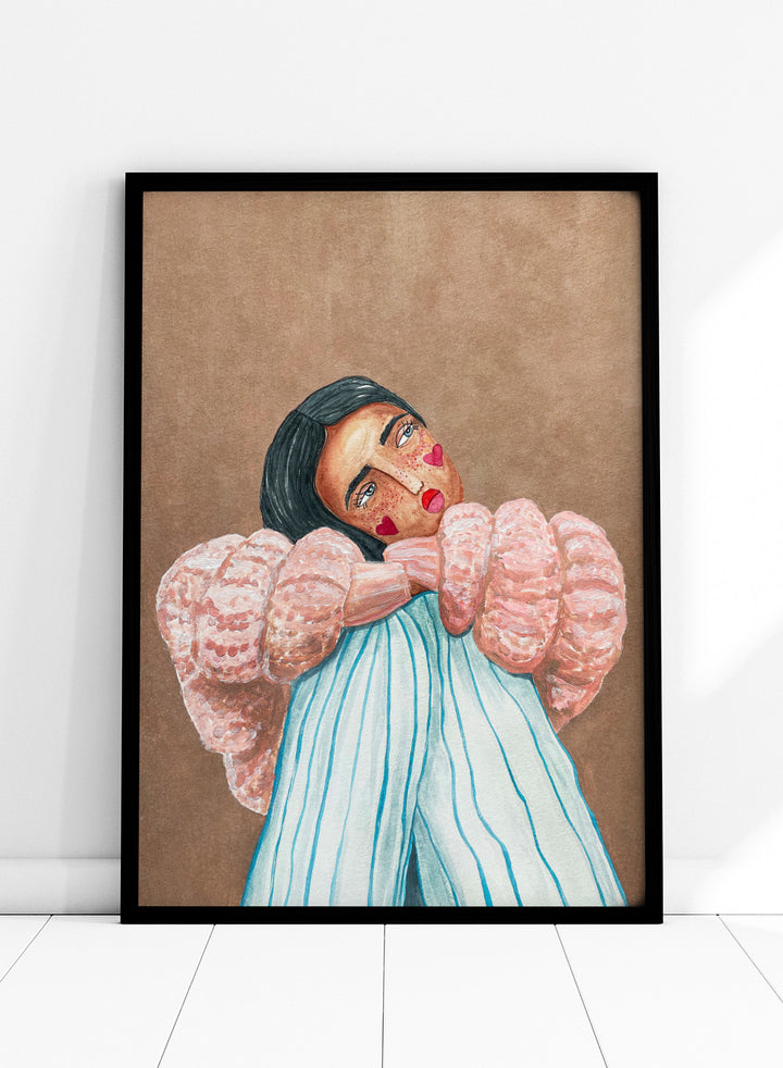 Artistic illustration of a person with large, textured sleeves against a brown background. Dreaming Girl by Raissa Oltmanns is a modern woman portrait art print with soft watercolor style, cozy pink jacket illustration, and contemporary wall poster.
