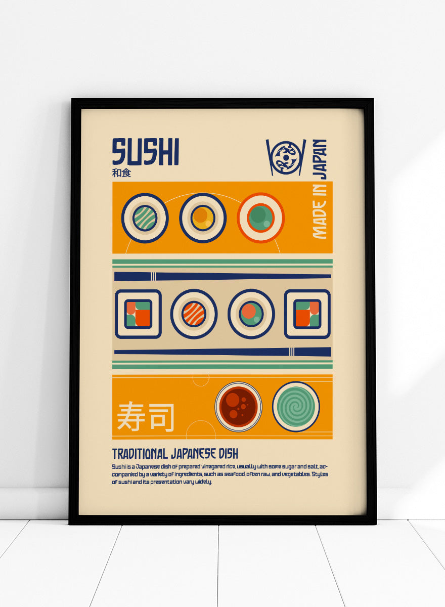 A retro-style graphic poster of Sushi, featuring Japanese-inspired geometric patterns, sushi illustrations, and descriptive text on a beige background. Sushi Japanese Food Print by Retrodrome retro kitchen art featuring sushi rolls, soy sauce, geometric shapes, and bold Japanese-inspired graphic design.
