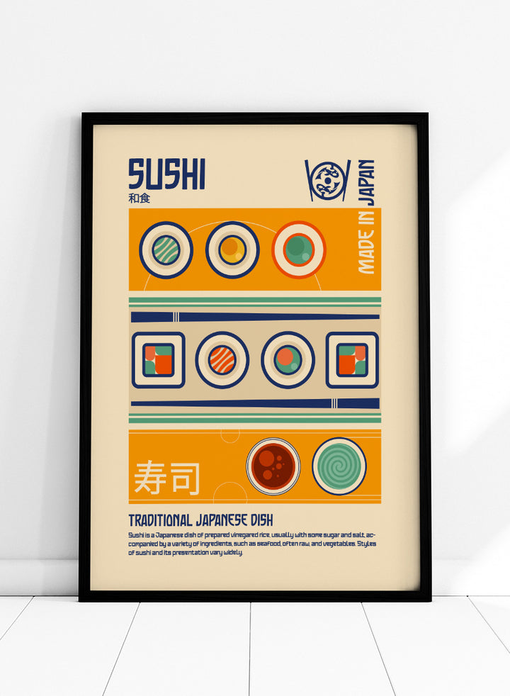 A retro-style graphic poster of Sushi, featuring Japanese-inspired geometric patterns, sushi illustrations, and descriptive text on a beige background. Sushi Japanese Food Print by Retrodrome retro kitchen art featuring sushi rolls, soy sauce, geometric shapes, and bold Japanese-inspired graphic design.