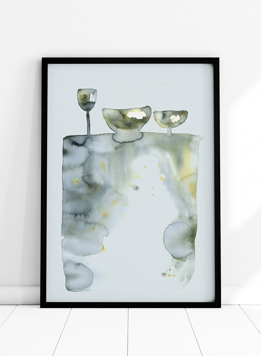 Shop Abstract Still Life Bowls by Helena Ryhle, a modern still life wall art print poster featuring watercolor bowls, glassware, and soft abstract forms.