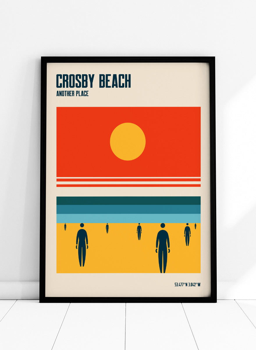 Minimalist beach art print titled 'CROSBY BEACH - ANOTHER PLACE' with a large red-orange sky, yellow sun, blue horizon bands, and dark blue human silhouettes on a warm beige background. Crosby Beach Sun and Figures by Retrodrome travel art print inspired by Crosby Beach, with bold sun, blue sea, golden sand, and silhouetted figures.