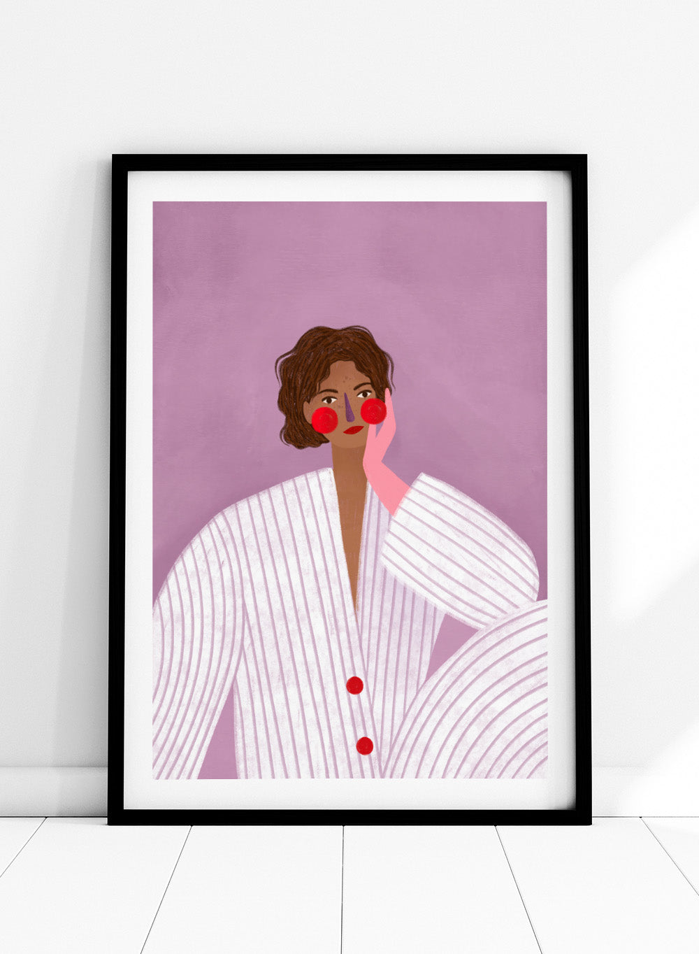 The Woman With the Pink Glove by Bea Müller is an officially licensed art print featuring a modern illustrated portrait in soft lavender tones. Available framed or unframed.