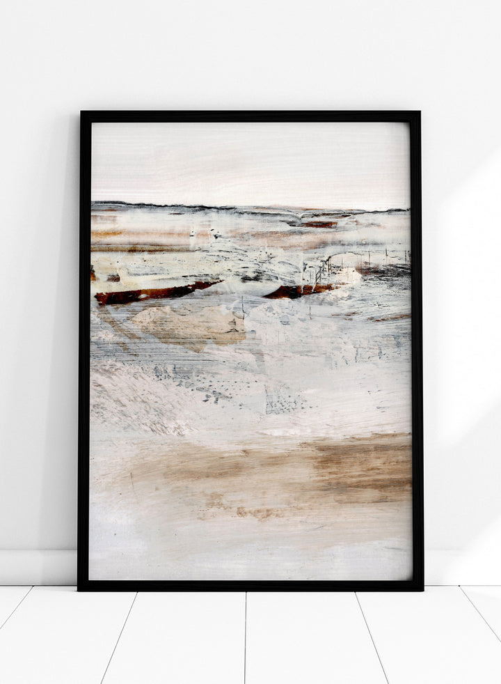 Shop August No. 01 by Dan Hobday, an abstract landscape art print featuring soft neutral tones, rust accents, layered brushwork, and an open windswept feel.