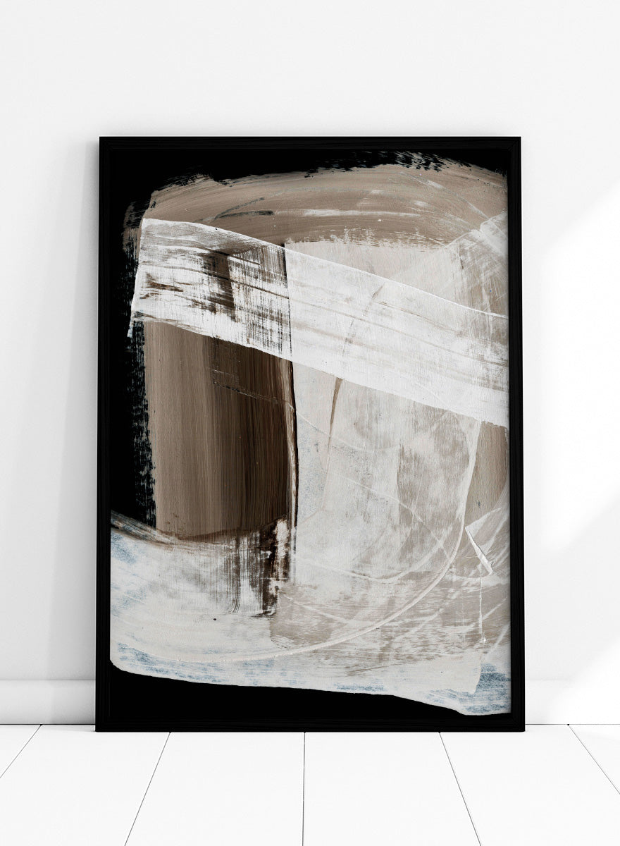Shop Mind No.01 by Dan Hobday, an abstract wall art print poster featuring layered white brushwork, warm brown forms, and bold black contrast.