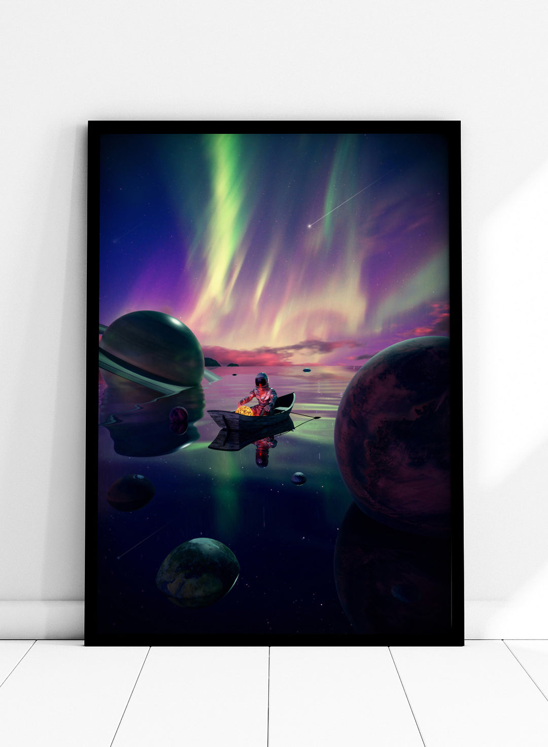 A futuristic scene with a person in a spacesuit on a planet, surrounded by colorful aurora lights and floating planets. Astronaut Drifts Under Aurora by Nicebleed is a surreal space art print featuring an astronaut in a boat under colorful aurora skies, modern aesthetic wall poster.