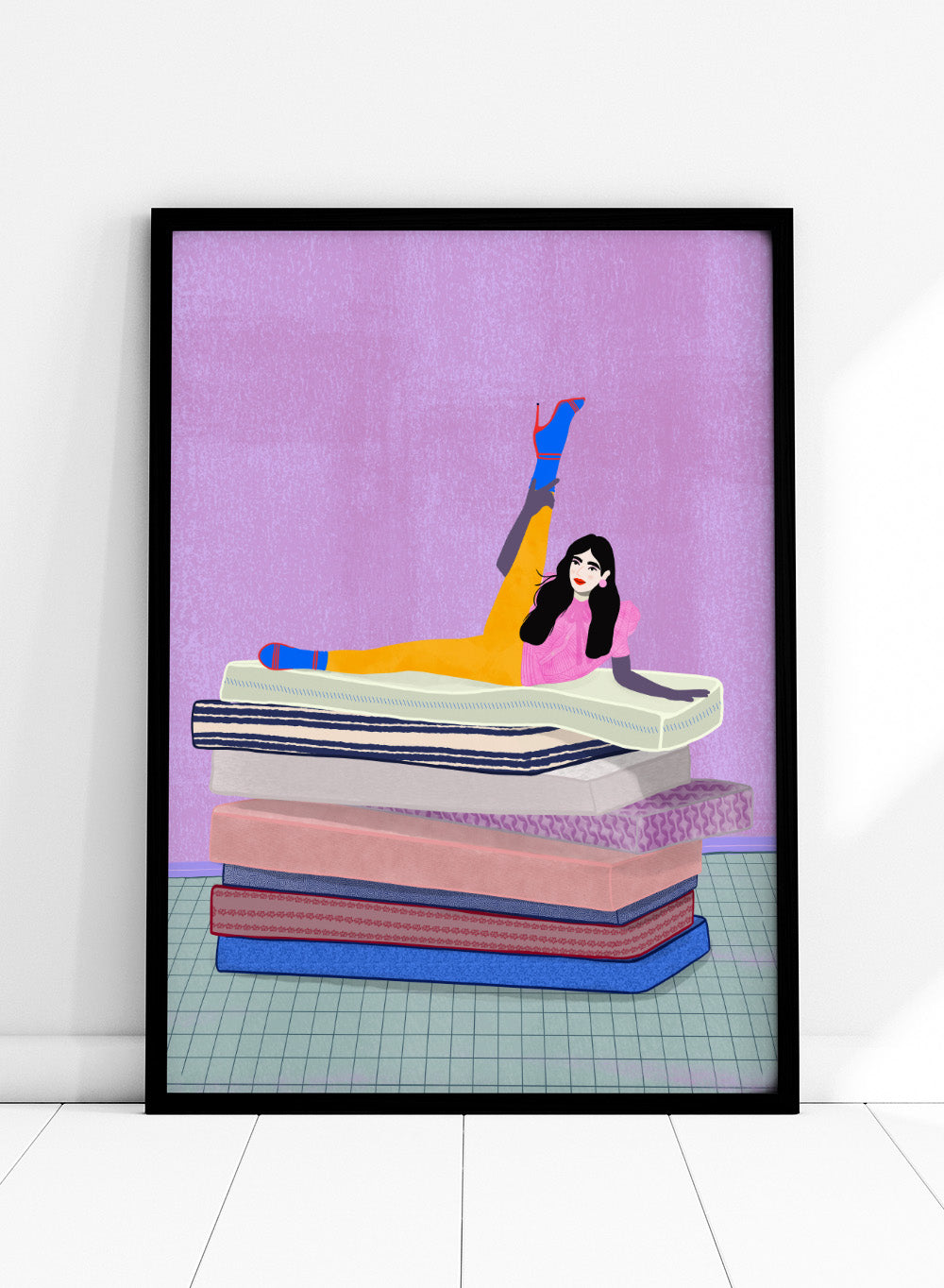 Illustration of a person sitting on a stack of books with one arm raised against a purple background. Mattress Ballet by Jota De Jai is a playful modern fine art print of a woman balancing on stacked mattresses. Available unframed or framed in real wood.