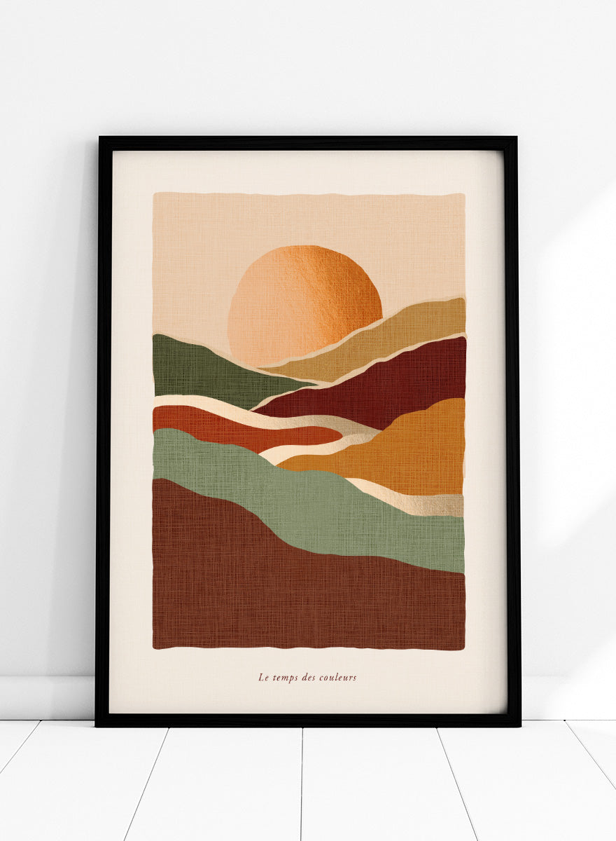 Shop Earthy Sunset Landscape by Dominique Vari, a retro landscape wall art print poster featuring rolling hills, a glowing orange sun, and warm earthy tones.