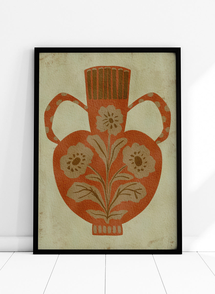 Shop Rustic Floral Vase by Nikita Jariwala, a botanical wall art print featuring a terracotta vase, folk-inspired flowers, and warm rust, tan, and cream tones.