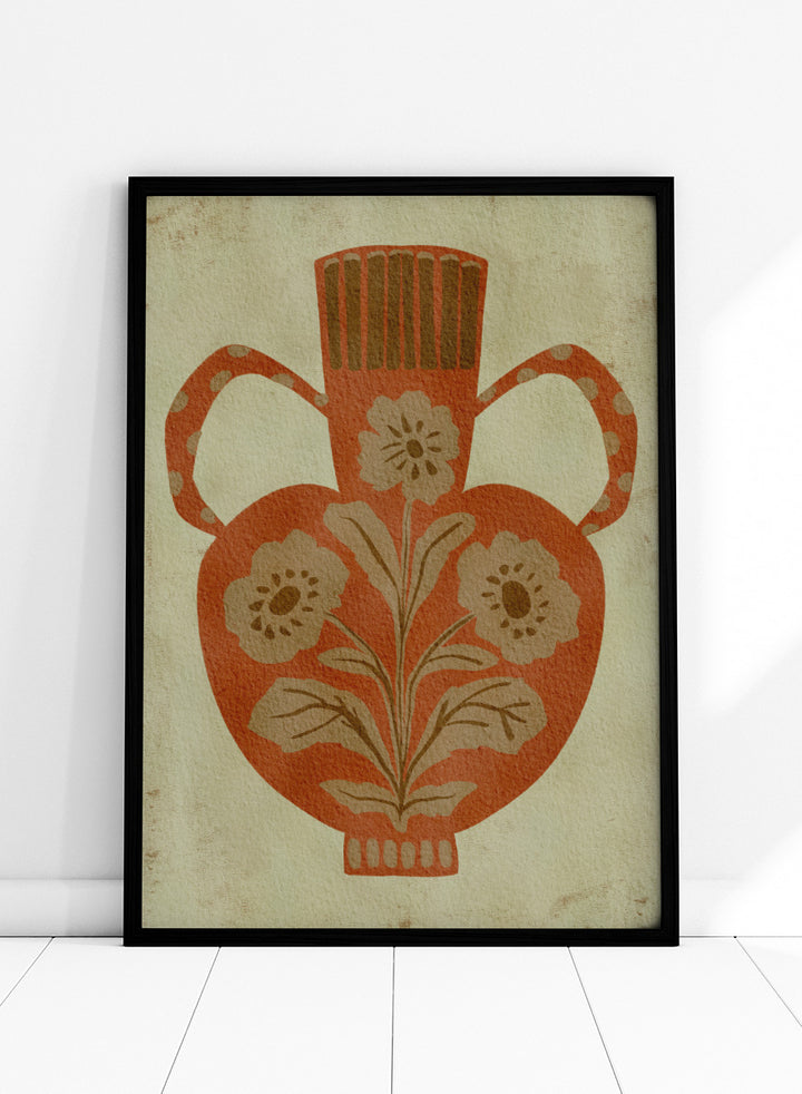 Shop Rustic Floral Vase by Nikita Jariwala, a botanical wall art print featuring a terracotta vase, folk-inspired flowers, and warm rust, tan, and cream tones.
